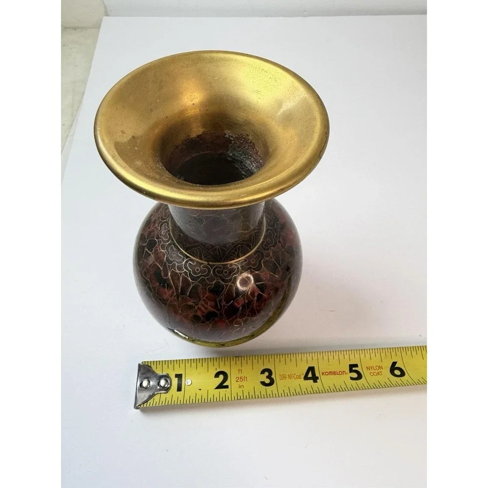 Cloisonne Chinese Floral Design Decor Enamel Brass Vase 6.5